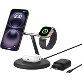 Belkin 3'&uuml; 1 Arada Manyetik MagSafe Uyumlu Qi2 15W Kablosuz Şarj Standı, iPhone 16, 15, 14 ve 13 Serisi, AirPods, Apple Watch