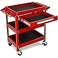 TANGZON 3-Tier Rolling Tool Cart, Utility Service Cart with Towel Rack Handle, Lockable Casters, Draw & Holes, Heavy-duty Steel Mobile Storage Trolley for Garage Warehouse Office (Red)