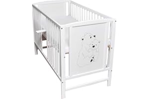 ‎DEDSTORE-BABY Dedstore-Baby Babybett mit Matratze 120x60 cm Höhenverstellbar - Komplett Set - Beistellbett Weiß mit Motiv Bär - Baby Bett - Kinderbett - Baby Bed
