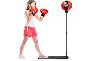 RELAX4LIFE Punching-Ball sur Pied Réglable avec Base Antidérapante, Sac de Frappe Résistant avec Gants et Pompe pour Boxe Enfant 8 Ans+, Adulte, 66X24X85-130CM, Rouge