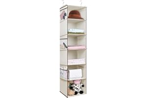 Univivi Hanging Wardrobe Storage Organiser, 6 Shelves Wardrobe Closet Organiser, Hanging Storage Shelves with 6 Side Mesh Pockets Canvas Wardrobe, Hanging Shelves for Wardrobe Closet Clothing - Beige