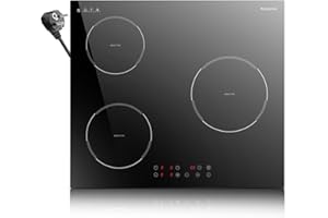 Karienvir Piano cottura induzione 3 fuochi, 60cm Piano Cottura Induzione Integrata, 3500W, Piastra Induzione 220-240V con Spine,Controllo Tattile, Timer, Blocco Di sicurezza, Funzione Boost