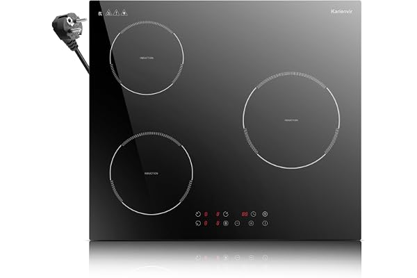 Karienvir Plaque Induction 3 Feux, Plaque de Cuisson Induction 60 cm, Contrôle Tactile, Fonction Boost, Minuterie, Verrouillage de Sécurité, Arrêt Automatique, 220-240 V, 3500 W, Avec Prise