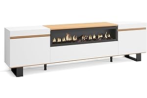 Skraut Home | Mobile TV Soggiorno | Ampio spazio a disposizione | 200x57x35cm | Per TV fino a 80" | Camino elettrico | Design industriale | Stile moderno | Bianco e Rovere soft