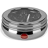 Sumeet Stainless Steel Belly Shape Masala (Spice) Box/Dabba/Organiser With See Through Lid With 7 Containers And Small Spoon (Small), Beige