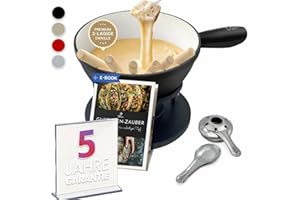 Ottia Fondue Set für 2, 3, 4, 5, 6 Personen aus Gusseisen & Emaille. Als Käsefondue, Fleischfondue, Schokofondue. Induktion geeignet, Schadstofffrei, mit Brenner+Gabeln+Rezeptbuch, Fondü-Set aus HH