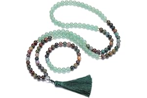 JSDDE Lot Chapelet Collier Mala Tibétain 108 Perles en Pierres Naturelles 8mm Bracelet Élastique de Perles Cristal pour Homme Femme Chapelet 108 Grain Bouddhiste avec Gland Amulette bijoux de Prière