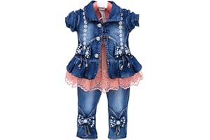 Peacolate Spring Autumn Baby Girls Clothing Sets 3 pcs Long Sleeve Tops Denim Jacket and Denim Trousers
