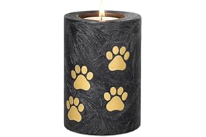 TERROSO Urne funéraire avec bougeoir pour Chien et Chat – 13 cm | 400 ML – Noir et Or avec Empreintes de Pattes | Urne en Verre décorée à la Main – pour Bougie mémoire