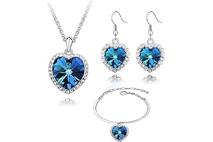 Crystalline Azuria Donna 18ct Placcato Oro Bianco Blu Cristalli Cuore dell'oceano Parure Collana con Ciondolo 45 cm Orecchini Gancetto Bracciale