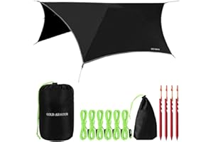 Gold Armour Rainfly Tarp Hammock, 14.7ft/12ft/10ft/8ft Rain Fly Cover, Waterproof Ultralight Ripstop Fabric, Survival Gear Backpacking Camping Tent Accessories (Black, 12ft x 10ft HEX)