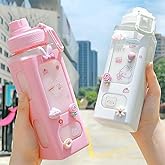 HAB Mart Kawaii Water Bottle with Straw and Sticker, Kawaii Water Bottle, Large Sport Plastic Portable Square Drinking Bottle
