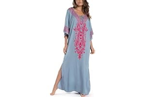 L-Peach Damskie kwieciste haftowane kimono, długa letnia sukienka maxi, kaftan, na plażę, okrycie górne boho