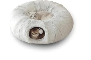 Wuudi Túnel Cama de Felpa para Gatos de Interior con Alfombrilla Extraíble - Espacio para Dormir con Tubo Plegable