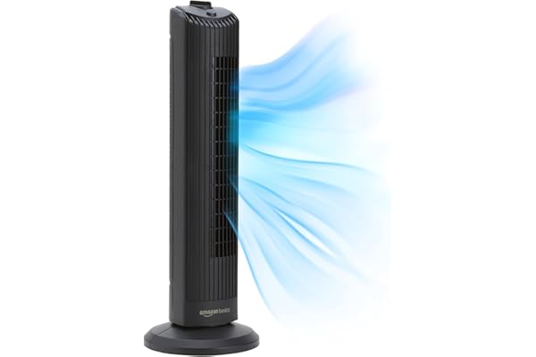 Amazon Basics 28" Oscillating Tower Fan with 60 Degree Angle for Bedroom Living Room Office 3 Speed Mechanical Control Matte Black 35W 71cm x 24cm x 24cm