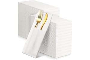 YIDUHAO Disposble Cloth Like Napkins Built-in Flatware Pocket,Wedding Linen Feel White Napkin,Folded Party Napkin,100 Pack