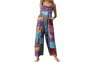 BTBDYDH Overalls for Women Casual Loose Dungarees Boho Floral Soft Cotton Linen Baggy Jumpsuit Adjustable Straps with Pockets