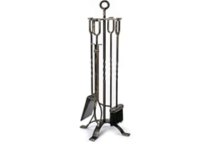 AMAGABELI GARDEN HOME Amagabeli Set di 5 Attrezzi per Camino Set da Camino in Ferro battuto con pinze da Poker Porta Scopa e Pala Utensili da Fuoco Accessorio Rustico da Esterno Oro Nero