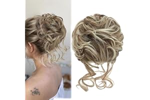 SHANGXIU postiche chignon blond Messy Bun Postiche avec élastique Cheveux synthétiques avec cheveux Tousled Updo Postiche pour femmes et filles (mélange blond)