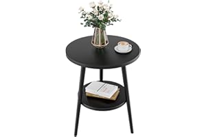 KZOBYD Side Table with 2 Shelves, Round Coffee Table with Storage Space, 2 Levels Sofa Table with Round Shelves, Wooden Bedside Table with Steel Frame, 38 x 55 cm (without Charging Station, Black)