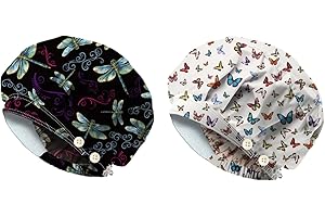 DELORIGIN 2PCS Dragonfly Butterfly Scrub Caps with 4 Buttons Cotton Nurse Cap Elastic Surgical Hats with Sweatband Chef Bouffant Scrub Cap for Women Men Vet Nurse Cleaning Head Cover One Size Fits All