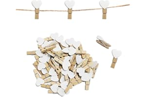 ‎CUWELT CUWELT 100 Stück Herz Wäscheklammer, 3,5cm Mini Herz Holzklammern, Herzklammern mit 30m Natur Juteschnur, Dekoklammern Zierklammern für Hochzeit Party Foto Karte DIY und Basteln, Weiß
