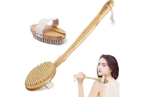 KAKVEIAI Szczotka do pleców z długą rączką, peeling do ciała, szczotka prysznicowa, szczotka do prysznica, drewno i naturalne włosie, szczotka do czyszczenia suchej skóry i prysznica, zdejmowany długi uchwyt, 2 x głowica szczotki