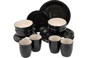 PRADICHI 16 Piece Dinnerware Set for 4 – Round Kitchen Dinner Set with Dinner Plates, Dessert Plates, Cereal Bowls & Mugs – Teal Blue & White Tableware Combination Set (Dark Black & White)