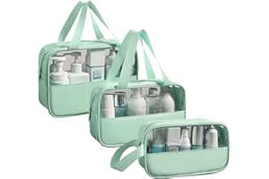 Mikytoper Clear Toiletry Bag 3 pcs, Waterproof Wash Bags Set in PVC, Large Capacity Makeup Bag with Handle, Travel Cosmetic Bag for Men and Women (Green)