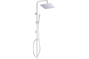 Görbach Colonne de Douche Complet Hydromassage Système Pluie Chromé Réglable en Hauteur avec Douchette à Main et Douche de Tête Pluie en Acier INOX 20x20cm