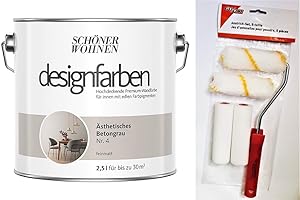 HAGEBAUSPN Schöner Wohnen designfarben feinmatte Wandfarbe für innen 2,5 Liter mit go/on Rollen-Set 5-tlg (Nr 4 Ästhetisches Betongrau)