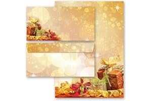 Juego completo de 20 componentes Navidad, REGALOS PARA NAVIDAD 10 hojas estampadas + 10 sobres estampados DL, sin ventanas | Paper-Media