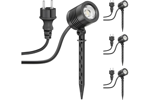 ledscom.de 4 pièces Petit projecteur de jardin LED avec piquet de terre TARL pour l'extérieur, IP65, fiche, noir, 4,3 W, 340lm, blanc chaud