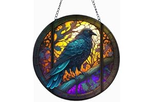 MATIHAY Acrylic Ornaments Raven and Crow Stained Glass Window Hanging, Stained Glass Crow Suncatcher for Bird Lovers, Halloween Fall Decor for Home, Cafe, Office (Crow (Gloss), Large)