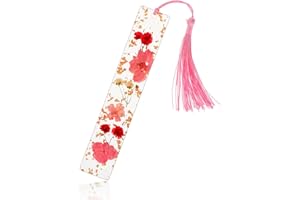 WY LIGHTING LEVEL Marque-pages en forme de fleur pressée avec pompons transparents - Marqueurs de page à fleurs séchées - Durable - Fait à la main - Accessoires de lecture mignons - Cadeau mignon pour les vers de