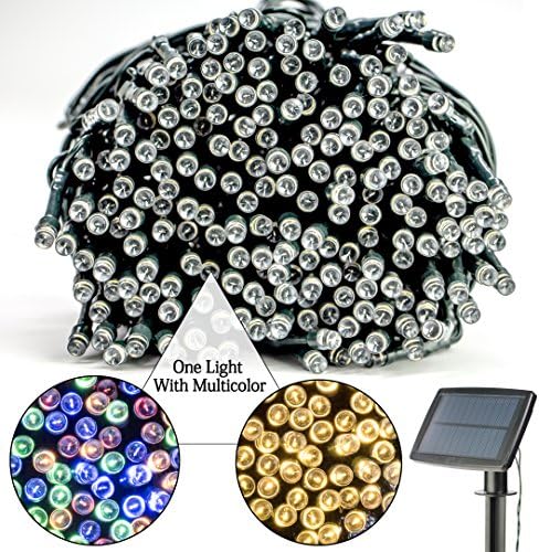 Solar Led String Light, Big Charging Panel, Li Battery, 100 leds, 39 Inches, Eight Working Modes, Four Colors+Warm White Color, Waterproof, Outdoor Family Wedding.