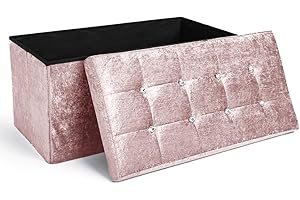 Home Republic Crushed Velvet Ottoman Storage Box – Foldable Cube Ottoman with Lid – Multipurpose Toy Chest, Foot Rest, Bench Seat & Nursery Storage Solution (Pink Blush, 76W)