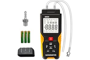 LYCEBELL Medidor de presión digital, medición de presión diferencial ± 36,80 KPa, resolución 0,1, 12 unidades, probador de presión de gas HVAC de doble puerto con alarma de sobrepresión y registro de datos
