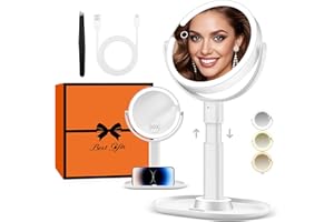 B Beauty Planet Miroir de Maquillage Éclairé 30X avec 3 Lumières de Couleur, LED à Intensité Variable et Réglable en Hauteur, Miroir Cosmétique 2 Côtés pour Salle de Bain, Cadeau pour Femme Blanc