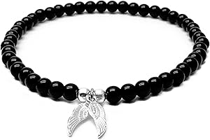 VILDA JEWELLERY Angel Wings Charm Anklet, 6mm Black Acrylic Beads on Elastic : Size M/L 10 inches, Pretty Everyday Anklet for Women, Beach Jewellery