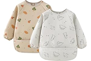 atnayo 2 Pcs Baby Long Weaning Bibs with sleeves, Skin-friendly Easy to Wipe Waterproof Bib for Baby Infant Toddlers Weaning