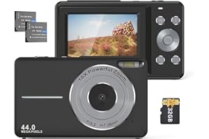 Camnoon 1080P 44 MP Digitalkamera Camcorder Autofokus 2,5 IPS-Bildschirm 16X Digitalzoom Anti-Shake-Gesichtserkennung, Lächelnerfassung mit 32 GB TF-Karte 2 Batterien, Geschenk für Kinder (Schwarz)