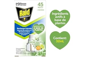 Raid Essentials Recharge Électrique Liquide Repulsig Moustiques Eucalyptus et Agrumes, 45 Nuits, 32ml