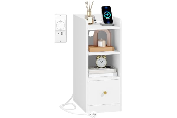 Hzuaneri Sängbord med laddningsstation, USB- och typ C-port, smalt gavelbord med 3 nivåer förvaringsutrymme och 1 låda, nattduksbord för sovrum, vardagsrum, hemmakontor (Vit, 1er Set)