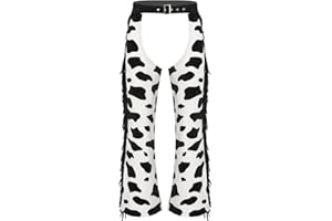 Fldy Unisex Cow Spot Pattern Flannel Hollow Out Chaps Pants for Cowboy Cowgirl Biker Overpants
