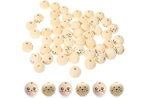 VJUYSW 50 Stück Holzperlen mit Katzengesicht aus Massivholz, Holzkugeln mit Gesicht mit 5 mm Loch für DIY Handwerk Armband Halskette Schmuckherstellung, Holz Perlen Rund 20mm