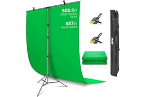 EMART Fondo de Pantalla Verde con Soporte, Pantalla Verde Plegable de 1,5 x 2 m con Kit de Soporte de Fondo Portátil en Forma de T, Soporte Ajustable de 1,5 x 2,6 m para Transmisión, Juegos, Zoom