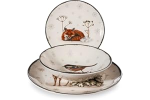 H&H Świąteczny serwis obiadowy Wild Spirits z dekoracyjnego kamienia – z ilustracjami zwierząt pośród śniegu, 6 pięter, 6 dna, 6 owoców, można myć w zmywarce i używać w kuchence mikrofalowej