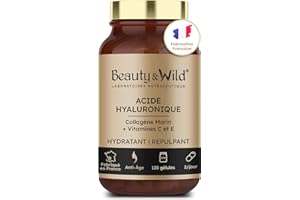 BEAUTY & WILD Acide Hyaluronique + Collagène Marin + Vitamine C, E, Anti-Âge Puissant, Peau Jeune & Lisse, Hydratation, Élasticité, Fermeté, Anti-Rides & Régénération Cellulaire – 120 Gélules, Cure 2 Mois