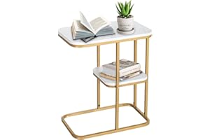 KMDZDZGS Stolik pomocniczy, dwuwarstwowy mały stolik kawowy, w kształcie litery C, stolik kawowy, stolik kawowy do salonu i sypialni, marmurowy blat i metalowa rama, stolik na laptopa i książki (złoty)